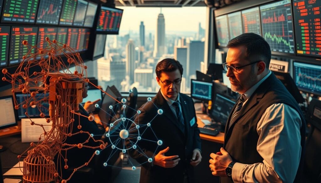 A bustling trading floor, with traders surrounded by screens displaying financial data and charts. In the foreground, an AI-powered algorithm dynamically adjusts trading positions, its intricate neural networks processing vast amounts of real-time information. The middle ground showcases seasoned traders meticulously analyzing the AI's recommendations, blending their hard-earned market intuition with the machine's computational prowess. The background features a panoramic view of the city skyline, symbolizing the global reach and interconnectedness of the financial markets. Warm, focused lighting casts an air of intensity and determination, while the overall composition conveys the seamless integration of traditional and AI-driven trading strategies, shaping the future of the industry. A bustling trading floor, with traders surrounded by screens displaying financial data and charts. In the foreground, an AI-powered algorithm dynamically adjusts trading positions, its intricate neural networks processing vast amounts of real-time information. The middle ground showcases seasoned traders meticulously analyzing the AI's recommendations, blending their hard-earned market intuition with the machine's computational prowess. The background features a panoramic view of the city skyline, symbolizing the global reach and interconnectedness of the financial markets. Warm, focused lighting casts an air of intensity and determination, while the overall composition conveys the seamless integration of traditional and AI-driven trading strategies, shaping the future of the industry.