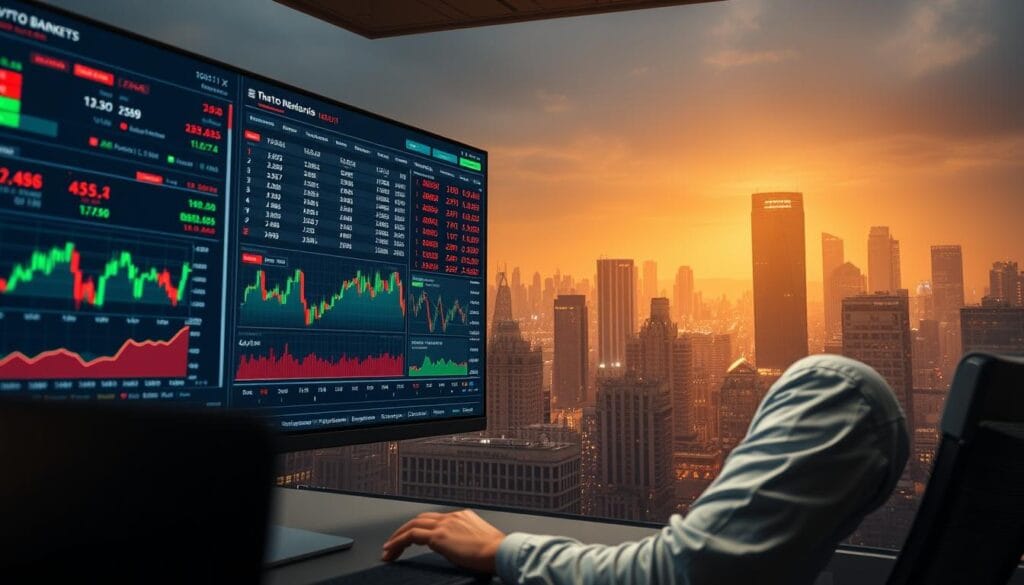 A bustling trading platform, with a sleek and intuitive user interface. In the foreground, a trader intently examines real-time market data, charts, and trading tools on a high-resolution monitor. The middle ground showcases a matrix of cryptocurrency prices, tickers, and performance metrics, all presented in a clean, modern aesthetic. In the background, a cityscape of skyscrapers reflects the global nature of the platform, with a warm, golden lighting setting a tone of optimism and opportunity. The entire scene conveys a sense of advanced, seamless financial technology empowering savvy investors to make informed decisions in the dynamic world of cryptocurrency trading.