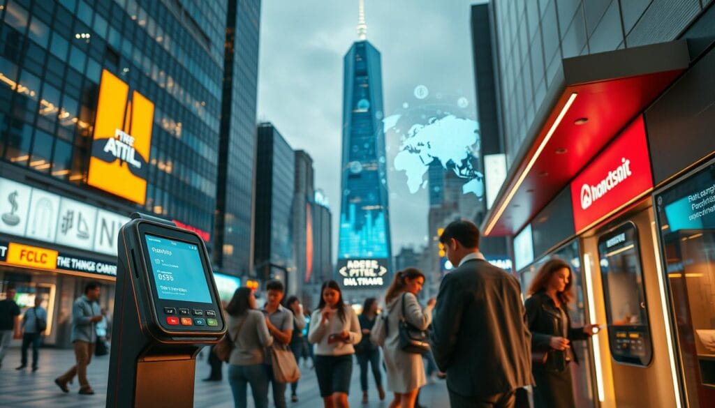 A bustling urban landscape, showcasing the evolution of payment systems. In the foreground, a contactless payment terminal stands as a symbol of modern fintech solutions, its sleek design illuminated by warm, ambient lighting. In the middle ground, people move about, some using mobile wallets, others inserting cards into traditional point-of-sale machines. In the background, a towering skyscraper displays a holographic projection, depicting the interconnected nature of global finance and the rise of digital currencies. The scene conveys a sense of progress, innovation, and the seamless integration of traditional and cutting-edge payment technologies. A bustling urban landscape, showcasing the evolution of payment systems. In the foreground, a contactless payment terminal stands as a symbol of modern fintech solutions, its sleek design illuminated by warm, ambient lighting. In the middle ground, people move about, some using mobile wallets, others inserting cards into traditional point-of-sale machines. In the background, a towering skyscraper displays a holographic projection, depicting the interconnected nature of global finance and the rise of digital currencies. The scene conveys a sense of progress, innovation, and the seamless integration of traditional and cutting-edge payment technologies.