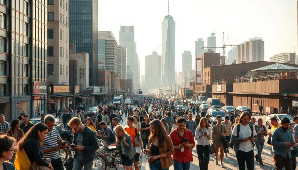A bustling urban landscape, with a diverse array of workers engaged in various gig economy tasks. In the foreground, a group of individuals collaborating on laptops and smartphones, representing the remote, flexible nature of modern freelance work. The middle ground features a mix of professionals - coders, designers, writers, and other service providers - navigating the city streets, symbolizing the growing gig economy workforce. In the background, skyscrapers and industrial warehouses suggest the changing nature of traditional employment, as the gig economy continues to reshape the modern workplace. The scene is bathed in a warm, golden light, creating a sense of optimism and innovation. This detailed, cinematic prompt aims to capture the dynamic and evolving nature of the freelance workforce in the 21st century.