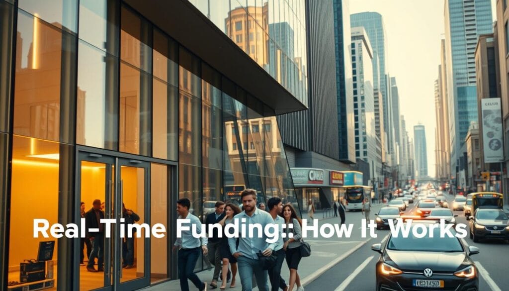 A bustling urban scene with a modern, glass-walled office building in the foreground. Its sleek, angular architecture is bathed in warm, golden light, conveying a sense of efficiency and professionalism. In the middle ground, a group of people hurriedly entering the building, their expressions focused and determined, reflecting the urgency of their financial needs. The background features a network of busy city streets, with cars and pedestrians moving with a sense of purpose, capturing the fast-paced nature of the microloan process. The overall atmosphere is one of dynamism and streamlined financial solutions, perfectly complementing the "Real-Time Funding: How It Works" theme.