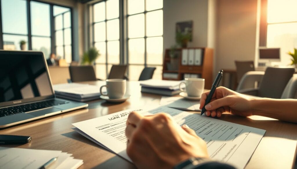 A busy office workspace with a desk, laptop, documents, and a person's hands filling out a loan application form. Bright, natural lighting streams in through large windows, casting a warm glow on the scene. The foreground features the loan application in crisp detail, with a pen poised to make the next entry. In the middle ground, the desk is cluttered with files, a cup of coffee, and a nameplate. The background is slightly blurred, hinting at other office furniture and decor. An atmosphere of focus and productivity pervades the scene, reflecting the urgency and importance of the task at hand.