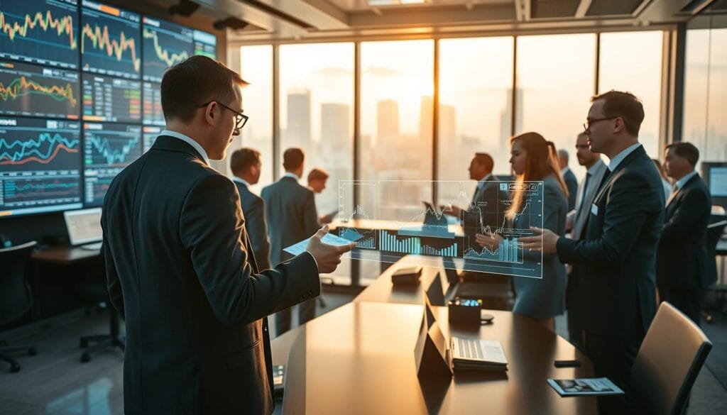 A busy trading floor with analysts closely examining stock charts and financial data displayed on high-resolution screens. In the foreground, a portfolio manager in a tailored suit uses a touchscreen interface to overlay AI-generated insights and recommendations. The middle ground features teams of financial experts engaged in animated discussions, gesturing towards holographic visualizations of market trends. The background is a panoramic view of a modern urban skyline, bathed in a warm glow of natural light filtering through floor-to-ceiling windows. The scene conveys a sense of technological sophistication, collaborative decision-making, and confident anticipation of future gains. A busy trading floor with analysts closely examining stock charts and financial data displayed on high-resolution screens. In the foreground, a portfolio manager in a tailored suit uses a touchscreen interface to overlay AI-generated insights and recommendations. The middle ground features teams of financial experts engaged in animated discussions, gesturing towards holographic visualizations of market trends. The background is a panoramic view of a modern urban skyline, bathed in a warm glow of natural light filtering through floor-to-ceiling windows. The scene conveys a sense of technological sophistication, collaborative decision-making, and confident anticipation of future gains.