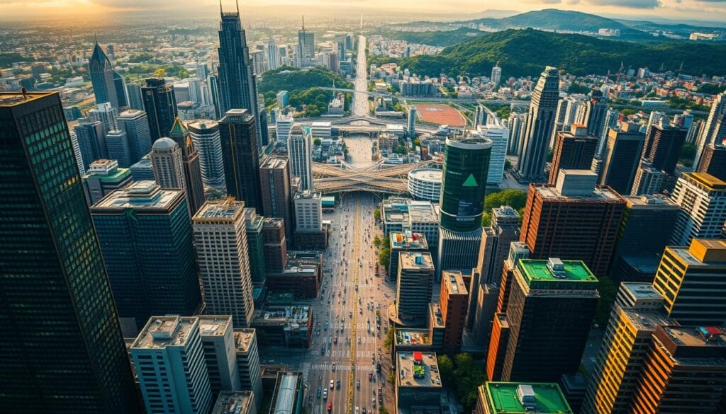 A captivating aerial view of a bustling urban landscape, with towering skyscrapers and bustling streets below. In the foreground, a vibrant mosaic of green financing instruments unfolds - renewable energy bonds, green loans, and sustainability-linked debt instruments, their vivid colors and intricate patterns reflecting the innovative spirit of the eco-friendly companies they serve. The middle ground features a network of interconnected financial hubs, their glass facades gleaming in the warm, golden light of a setting sun. In the distance, a horizon of lush, verdant hills and forests, symbolizing the sustainable future that these green financing tools are helping to shape. The scene conveys a sense of progress, innovation, and a steadfast commitment to environmental stewardship.