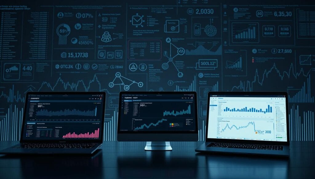 A captivating comparison of leading cryptocurrency tax software options against a backdrop of digital currency charts and graphs. In the foreground, sleek, modern user interfaces of the top tax tools are showcased, highlighting their key features and functionalities. The middle ground depicts various cryptocurrency symbols and blockchain network visualizations, conveying the complexity of crypto tax reporting. The background is a subdued, technical landscape of code snippets, algorithm diagrams, and financial data visualizations, creating a sense of authoritative expertise. Dramatic studio lighting casts dynamic shadows, while a wide-angle lens captures the comprehensive scope of the comparison. The overall mood is one of professionalism, innovation, and trust in navigating the evolving world of crypto taxation.