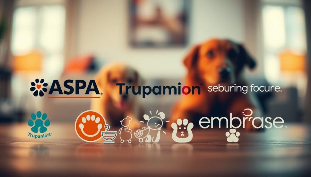A captivating image of the top pet insurance providers, shot with a professional-grade camera lens, capturing the scene in a warm, inviting light. The foreground features the logos and branding of leading industry players like ASPCA, Trupanion, Healthy Paws, and Embrace, arranged in a visually striking composition. The middle ground showcases various pet-related icons and symbols, hinting at the comprehensive coverage and protection these providers offer. The background maintains a soft, blurred focus, emphasizing the subject matter while creating a sense of depth and balance. The overall impression conveys the reliability, trust, and peace of mind these top pet insurance plans can provide for pet owners. A captivating image of the top pet insurance providers, shot with a professional-grade camera lens, capturing the scene in a warm, inviting light. The foreground features the logos and branding of leading industry players like ASPCA, Trupanion, Healthy Paws, and Embrace, arranged in a visually striking composition. The middle ground showcases various pet-related icons and symbols, hinting at the comprehensive coverage and protection these providers offer. The background maintains a soft, blurred focus, emphasizing the subject matter while creating a sense of depth and balance. The overall impression conveys the reliability, trust, and peace of mind these top pet insurance plans can provide for pet owners.