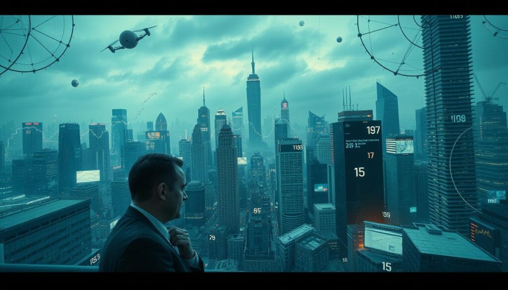 A chaotic cityscape with towering skyscrapers and a tangled web of financial data streams. In the foreground, a businessperson struggles to navigate a complex maze of charts, graphs, and financial reports, their expression one of frustration and bewilderment. The middle ground is filled with the flickering lights of trading screens and the pulsing rhythm of algorithmic trading. In the distance, the skyline is obscured by a hazy, ominous cloud, symbolizing the uncertainty and unpredictability of the financial systems. The scene is bathed in a cool, bluish hue, creating a sense of unease and tension. The image conveys the overwhelming challenges faced by those tasked with analyzing and understanding the rapidly evolving financial landscape. A chaotic cityscape with towering skyscrapers and a tangled web of financial data streams. In the foreground, a businessperson struggles to navigate a complex maze of charts, graphs, and financial reports, their expression one of frustration and bewilderment. The middle ground is filled with the flickering lights of trading screens and the pulsing rhythm of algorithmic trading. In the distance, the skyline is obscured by a hazy, ominous cloud, symbolizing the uncertainty and unpredictability of the financial systems. The scene is bathed in a cool, bluish hue, creating a sense of unease and tension. The image conveys the overwhelming challenges faced by those tasked with analyzing and understanding the rapidly evolving financial landscape.