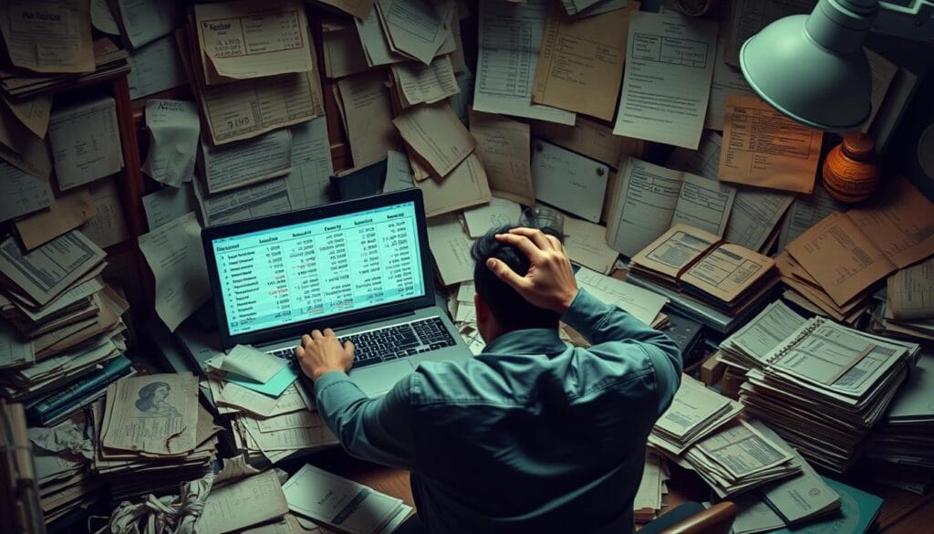 A chaotic desktop cluttered with crumpled papers, a laptop screen displaying complex tax calculations, and a frustrated individual grasping their head in despair. The scene is dimly lit, with a moody, desaturated color palette, conveying the stress and difficulty of manual cryptocurrency tax reporting. The foreground captures the taxpayer's struggle, while the background features an array of outdated ledgers, receipts, and a cacophony of disorganized financial documents. The overall composition emphasizes the overwhelming nature of this task, highlighting the need for streamlined, blockchain-based solutions to simplify tax reporting in the future. A chaotic desktop cluttered with crumpled papers, a laptop screen displaying complex tax calculations, and a frustrated individual grasping their head in despair. The scene is dimly lit, with a moody, desaturated color palette, conveying the stress and difficulty of manual cryptocurrency tax reporting. The foreground captures the taxpayer's struggle, while the background features an array of outdated ledgers, receipts, and a cacophony of disorganized financial documents. The overall composition emphasizes the overwhelming nature of this task, highlighting the need for streamlined, blockchain-based solutions to simplify tax reporting in the future.