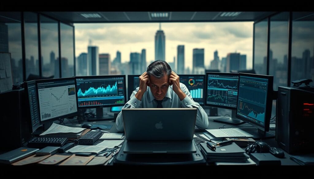 A chaotic finance office scene with a human decision-maker surrounded by conflicting AI models, algorithms, and data streams. In the foreground, a desktop cluttered with graphs, charts, and financial reports. In the middle, the frazzled executive grappling with multiple screens displaying contradictory AI-generated insights. In the background, a blurred cityscape with skyscrapers symbolizing the complex financial landscape. Dramatic lighting casts deep shadows, conveying the tension and challenges of integrating AI into high-stakes financial decision-making. Shot with a wide-angle lens to emphasize the overwhelming nature of the task. A chaotic finance office scene with a human decision-maker surrounded by conflicting AI models, algorithms, and data streams. In the foreground, a desktop cluttered with graphs, charts, and financial reports. In the middle, the frazzled executive grappling with multiple screens displaying contradictory AI-generated insights. In the background, a blurred cityscape with skyscrapers symbolizing the complex financial landscape. Dramatic lighting casts deep shadows, conveying the tension and challenges of integrating AI into high-stakes financial decision-making. Shot with a wide-angle lens to emphasize the overwhelming nature of the task.
