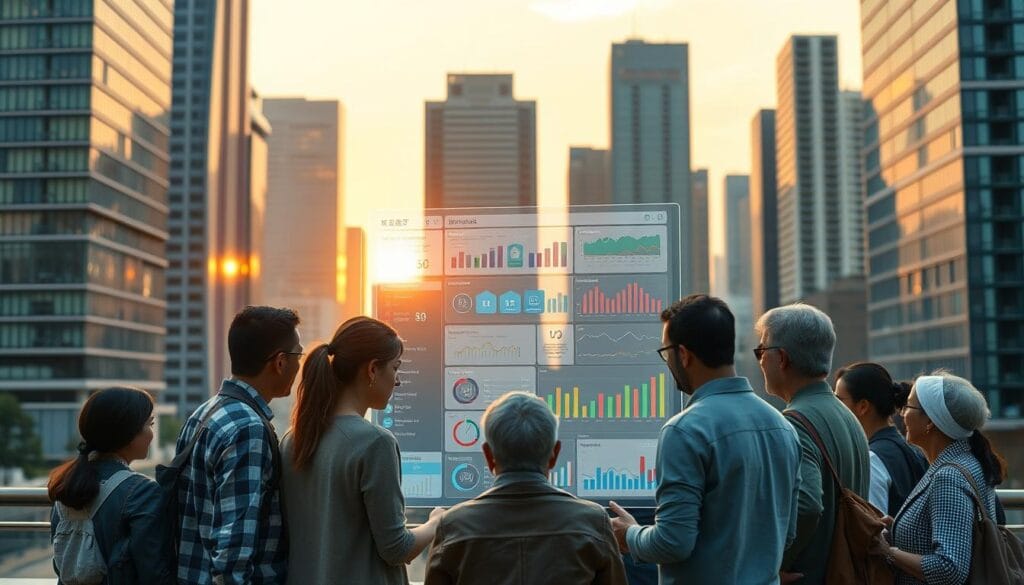 A cityscape at dawn, with sleek, modern high-rise buildings in the background, their glass facades reflecting the soft, golden light of the rising sun. In the foreground, a diverse group of people - young and old, from different backgrounds - are gathered around a holographic display, interacting with personalized financial advice from an AI assistant. The display shows colorful graphs, charts, and financial information tailored to each individual's needs and goals. The scene conveys a sense of accessibility, empowerment, and financial inclusion, with the AI technology seamlessly integrated into the urban landscape.