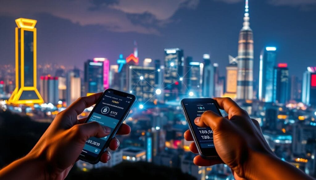 A cityscape at night, with a vibrant neon-lit skyline. In the foreground, two hands holding mobile devices, conducting a secure blockchain transaction across an international border. The devices display detailed transaction data, with virtual currency symbols and security protocols. Subtle beams of light and digital readouts emanate from the phones, casting a futuristic glow. In the middle ground, a network of interconnected nodes and data flows visualize the blockchain infrastructure powering the cross-border payment. The background features towering skyscrapers, representing the global financial centers connected by this decentralized, borderless system. An atmosphere of innovation, efficiency, and technological empowerment permeates the scene. A cityscape at night, with a vibrant neon-lit skyline. In the foreground, two hands holding mobile devices, conducting a secure blockchain transaction across an international border. The devices display detailed transaction data, with virtual currency symbols and security protocols. Subtle beams of light and digital readouts emanate from the phones, casting a futuristic glow. In the middle ground, a network of interconnected nodes and data flows visualize the blockchain infrastructure powering the cross-border payment. The background features towering skyscrapers, representing the global financial centers connected by this decentralized, borderless system. An atmosphere of innovation, efficiency, and technological empowerment permeates the scene.