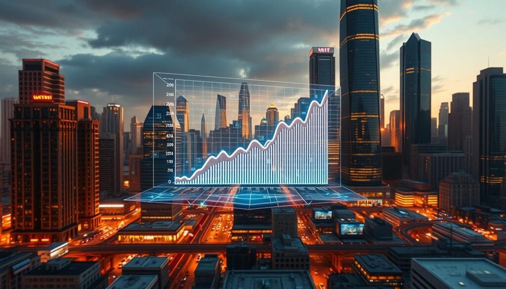 A cityscape of towering skyscrapers and gleaming infrastructure, illuminated by warm, golden light. In the foreground, a holographic display showcases a dynamic graph charting the exponential growth of technological innovations and their cascading economic impact. Floating data visualizations and AR-enhanced interfaces seamlessly integrate with the bustling urban landscape, highlighting the symbiotic relationship between technological evolution and economic prosperity. The scene evokes a sense of progress, innovation, and the transformative power of emerging technologies shaping the future.