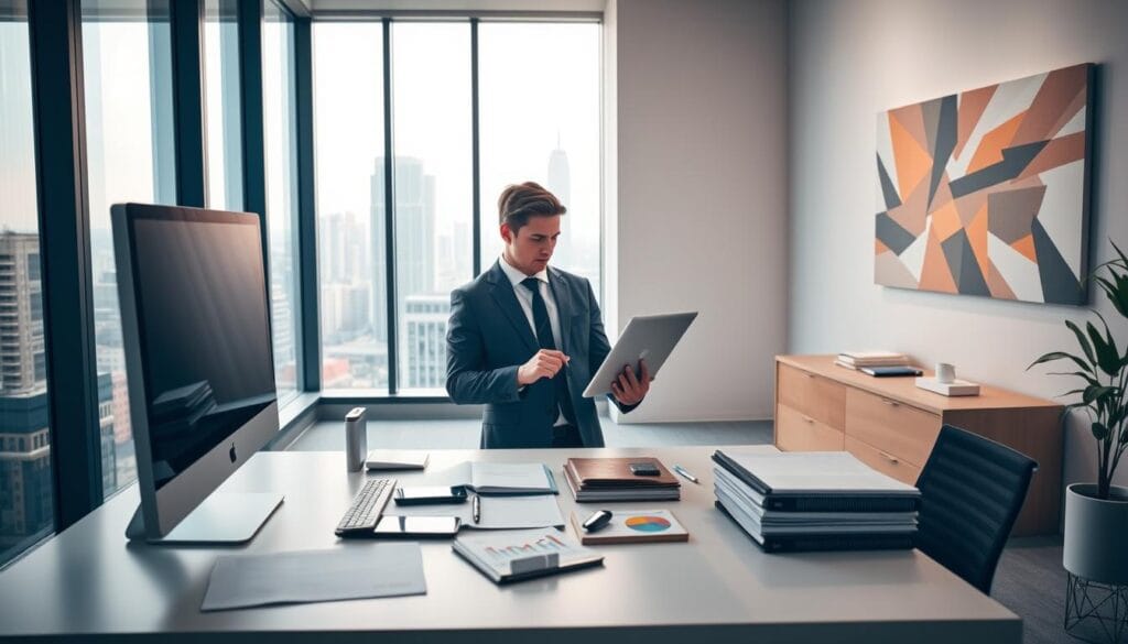 A clean-lined modern office interior with expansive windows overlooking a vibrant cityscape. In the foreground, a minimalist standing desk with a sleek desktop computer, a tablet, and a smartphone arranged neatly. Scattered around the desk are financial charts, reports, and a portfolio folder. Soft, natural lighting filters in, casting a warm glow on the scene. In the middle ground, a sharply-dressed young professional intently examining data on their laptop, embodying the thoughtful, analytical nature of portfolio management. The background features a geometric, abstract art piece on the wall, complementing the contemporary aesthetic. The overall mood is one of focused productivity, technology-enabled financial planning, and a sense of urban sophistication. A clean-lined modern office interior with expansive windows overlooking a vibrant cityscape. In the foreground, a minimalist standing desk with a sleek desktop computer, a tablet, and a smartphone arranged neatly. Scattered around the desk are financial charts, reports, and a portfolio folder. Soft, natural lighting filters in, casting a warm glow on the scene. In the middle ground, a sharply-dressed young professional intently examining data on their laptop, embodying the thoughtful, analytical nature of portfolio management. The background features a geometric, abstract art piece on the wall, complementing the contemporary aesthetic. The overall mood is one of focused productivity, technology-enabled financial planning, and a sense of urban sophistication.