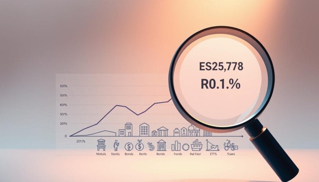 A clean, minimalist illustration depicting the key components of an investment portfolio's expense ratios. In the foreground, a magnifying glass hovers over a line graph showcasing the expense ratios of various mutual funds and ETFs. The middle ground features a series of simplified investment icons - stocks, bonds, real estate, etc. - arranged in a balanced portfolio. The background is a soft, gradient-based environment, lending an air of professionalism and financial sophistication. Subtle lighting casts a warm glow, highlighting the data visualizations. The overall scene conveys the idea of Robo-advisors efficiently managing tax-efficient investments through low-cost, diversified portfolios. A clean, minimalist illustration depicting the key components of an investment portfolio's expense ratios. In the foreground, a magnifying glass hovers over a line graph showcasing the expense ratios of various mutual funds and ETFs. The middle ground features a series of simplified investment icons - stocks, bonds, real estate, etc. - arranged in a balanced portfolio. The background is a soft, gradient-based environment, lending an air of professionalism and financial sophistication. Subtle lighting casts a warm glow, highlighting the data visualizations. The overall scene conveys the idea of Robo-advisors efficiently managing tax-efficient investments through low-cost, diversified portfolios.