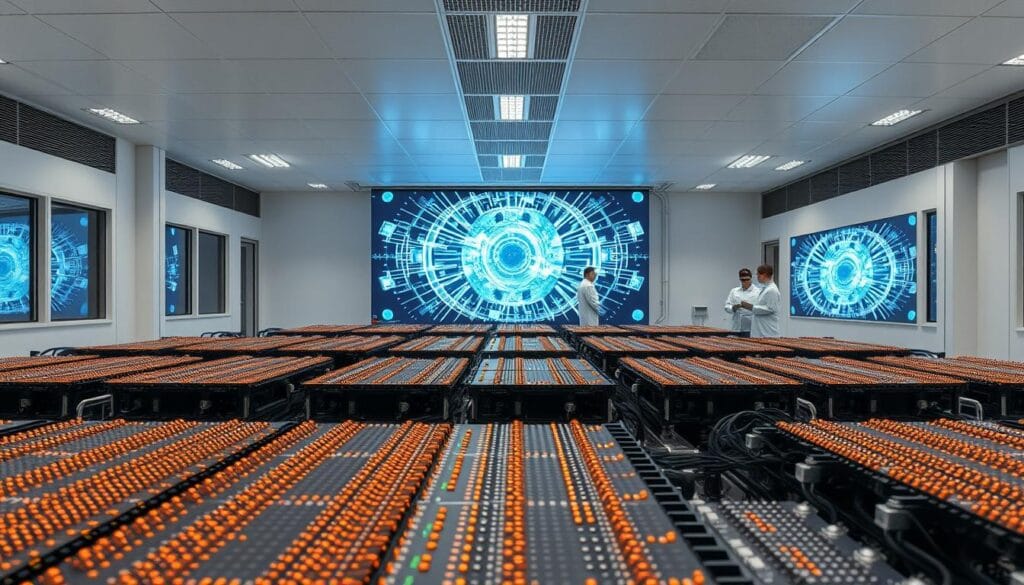 A clean, minimalist laboratory interior with large observation windows overlooking a state-of-the-art quantum computing facility. In the foreground, an array of superconducting quantum processors arranged in a modular, scalable topology, their intricate circuitry gleaming under precise, evenly-distributed lighting. The middle ground features engineers in white coats and safety goggles inspecting the quantum processors, lending a sense of technical sophistication. In the background, a complex visualization of quantum waveforms and entanglement patterns is projected onto large display screens, hinting at the immense computational power of this quantum infrastructure. A clean, minimalist laboratory interior with large observation windows overlooking a state-of-the-art quantum computing facility. In the foreground, an array of superconducting quantum processors arranged in a modular, scalable topology, their intricate circuitry gleaming under precise, evenly-distributed lighting. The middle ground features engineers in white coats and safety goggles inspecting the quantum processors, lending a sense of technical sophistication. In the background, a complex visualization of quantum waveforms and entanglement patterns is projected onto large display screens, hinting at the immense computational power of this quantum infrastructure.