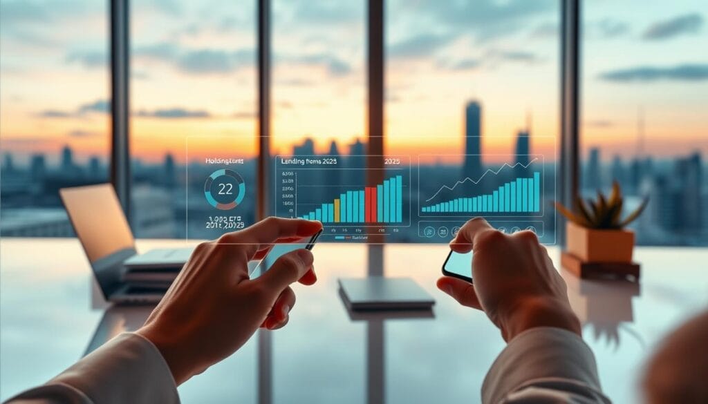 A clean, minimalist office interior with a large window overlooking a city skyline at dusk. Warm, ambient lighting illuminates a sleek, glass-topped desk with a laptop, a few carefully arranged files, and a succulent plant. In the foreground, a person's hands are using a mobile phone, with a holographic interface displaying data visualizations, graphs, and lending trend projections for 2025. The scene conveys a sense of technological innovation, data-driven decision making, and the intersection of AI and personal finance. A clean, minimalist office interior with a large window overlooking a city skyline at dusk. Warm, ambient lighting illuminates a sleek, glass-topped desk with a laptop, a few carefully arranged files, and a succulent plant. In the foreground, a person's hands are using a mobile phone, with a holographic interface displaying data visualizations, graphs, and lending trend projections for 2025. The scene conveys a sense of technological innovation, data-driven decision making, and the intersection of AI and personal finance.