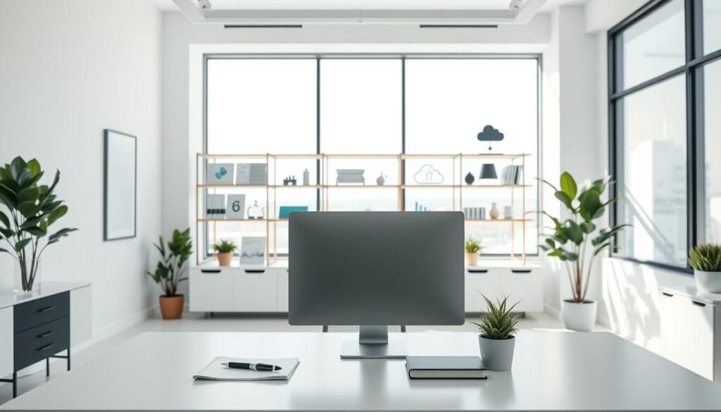 A clean, minimalist office space with crisp lines and modern furnishings. In the foreground, a sleek desktop computer and a tidy workspace with a pen, notebook, and a plant. In the middle ground, shelves displaying organization tools and cloud computing icons, symbolizing efficient integration. The background features large windows allowing natural light to flood the room, creating a bright, airy atmosphere conducive to productive work. The overall mood is one of streamlined professionalism and attention to detail, reflecting the best practices of tax automation and small business management.