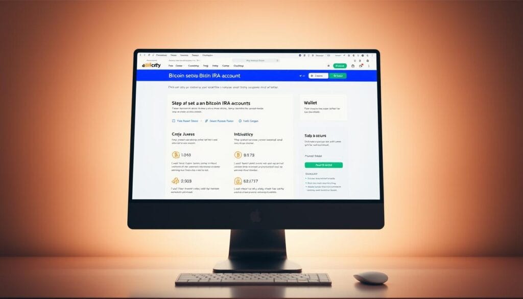 A clean, modern bitcoin wallet interface displayed on a sleek desktop computer screen. The screen showcases step-by-step instructions for setting up a bitcoin IRA account, with clear infographics and intuitive navigation. The background is a soft, muted gradient, allowing the wallet interface to take center stage. Warm, directional lighting casts subtle shadows, adding depth and dimensionality to the scene. The overall atmosphere is one of simplicity, professionalism, and financial security, reflecting the article's focus on responsible cryptocurrency investing for retirement.