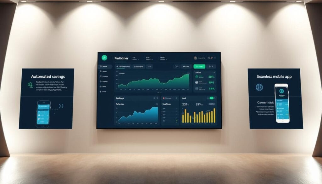 A clean, modern fintech interface showcasing four leading robo-advisor platforms for retirement planning. In the center, a sleek dashboard with balanced portfolio allocations, performance charts, and customizable settings. Surrounding it, three additional panels highlighting key features like automated savings, AI-driven investment strategies, and seamless mobile app experiences. Soft, indirect lighting illuminates the scene, creating a sense of sophistication and technological prowess. The overall tone is professional, data-driven, and geared towards empowering individuals to take control of their financial futures. A clean, modern fintech interface showcasing four leading robo-advisor platforms for retirement planning. In the center, a sleek dashboard with balanced portfolio allocations, performance charts, and customizable settings. Surrounding it, three additional panels highlighting key features like automated savings, AI-driven investment strategies, and seamless mobile app experiences. Soft, indirect lighting illuminates the scene, creating a sense of sophistication and technological prowess. The overall tone is professional, data-driven, and geared towards empowering individuals to take control of their financial futures.