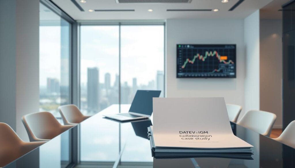 A clean modern office interior, with a large window overlooking a city skyline. In the foreground, a sleek glass conference table with two laptops and a folder labeled "DATEV IQM collaboration case study". Soft, directional lighting illuminates the room, creating a professional, collaborative atmosphere. In the background, a wall-mounted display shows a complex financial chart, hinting at the technical nature of the subject matter. The overall scene conveys a sense of innovation, progress, and the intersection of technology and finance. A clean modern office interior, with a large window overlooking a city skyline. In the foreground, a sleek glass conference table with two laptops and a folder labeled "DATEV IQM collaboration case study". Soft, directional lighting illuminates the room, creating a professional, collaborative atmosphere. In the background, a wall-mounted display shows a complex financial chart, hinting at the technical nature of the subject matter. The overall scene conveys a sense of innovation, progress, and the intersection of technology and finance.