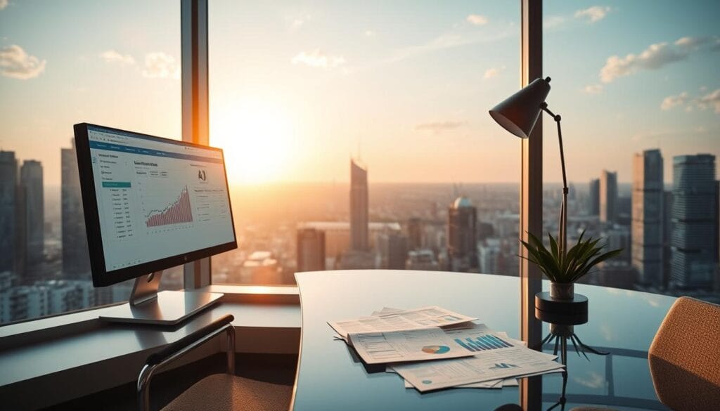 A clean, modern office interior with a sleek glass-and-metal desk, a high-resolution computer monitor displaying financial data and tax optimization software, and a minimalist desk lamp providing warm, directional lighting. In the background, a large window overlooking a bustling city skyline, with the sun casting a soft, golden glow across the scene. On the desk, a stylized AI icon and various financial documents, conveying the idea of AI-powered tax optimization tools for personal finance management.