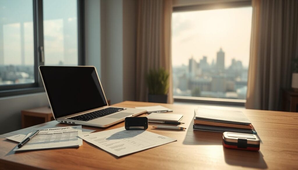 A clean, well-lit home office scene with a laptop, a smartphone, and various financial management tools like credit reports, budgeting apps, and debt trackers arranged neatly on a wooden desk. The lighting is soft and natural, creating a serene and productive atmosphere. In the background, there is a large window overlooking a cityscape, symbolizing the broader financial landscape. The overall composition conveys a sense of organization, control, and personal finance empowerment. A clean, well-lit home office scene with a laptop, a smartphone, and various financial management tools like credit reports, budgeting apps, and debt trackers arranged neatly on a wooden desk. The lighting is soft and natural, creating a serene and productive atmosphere. In the background, there is a large window overlooking a cityscape, symbolizing the broader financial landscape. The overall composition conveys a sense of organization, control, and personal finance empowerment.