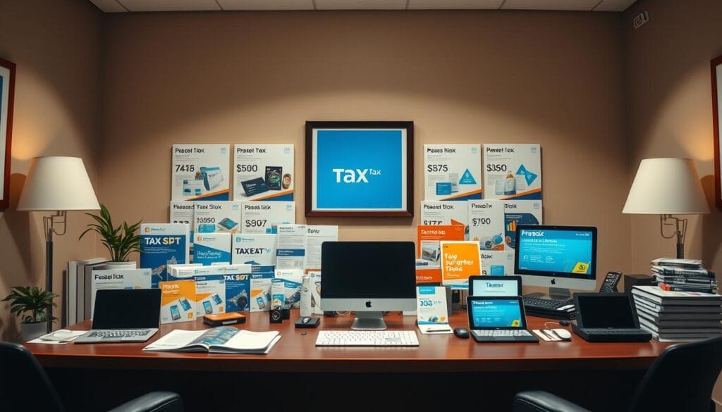 A clean, well-lit office desk with an array of tax software packages, brochures, and devices arranged in an aesthetically pleasing yet informative display. The scene has a professional, authoritative atmosphere, with subtle warm lighting casting a soft glow on the products. The camera angle is slightly elevated, allowing the viewer to survey the comprehensive spread of tax solutions. The background is a muted, neutral tone that ensures the tax software takes center stage. The overall composition is balanced and harmonious, conveying the expertise and thoroughness of the "Expert Reviews and Product Roundup Insights" section. A clean, well-lit office desk with an array of tax software packages, brochures, and devices arranged in an aesthetically pleasing yet informative display. The scene has a professional, authoritative atmosphere, with subtle warm lighting casting a soft glow on the products. The camera angle is slightly elevated, allowing the viewer to survey the comprehensive spread of tax solutions. The background is a muted, neutral tone that ensures the tax software takes center stage. The overall composition is balanced and harmonious, conveying the expertise and thoroughness of the "Expert Reviews and Product Roundup Insights" section.