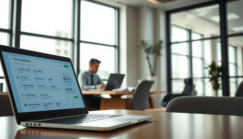A clean, well-lit office setting. In the foreground, a laptop displays Koinly's tax compliance dashboard, showcasing features like tax report generation, transaction tracking, and cost basis calculation. In the middle ground, a businessman sits at a desk, reviewing financial documents and using Koinly's intuitive interface. The background features floor-to-ceiling windows, allowing natural light to flood the space and creating a sense of professionalism and productivity. The overall atmosphere is one of efficiency, attention to detail, and compliance, reflecting Koinly's position as a leading cryptocurrency tax software solution.