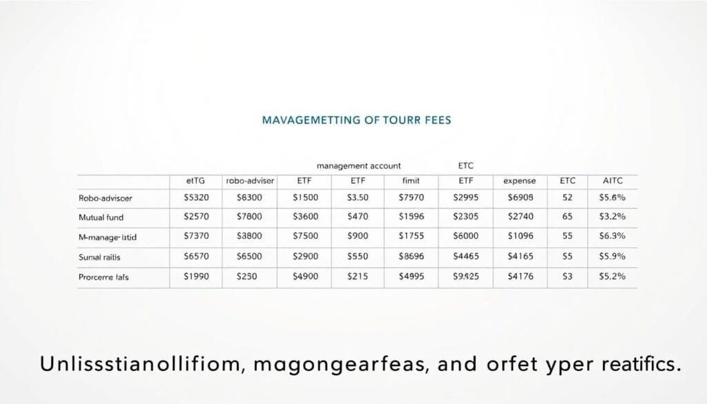 A clean, well-organized management fees comparison chart set against a minimalist, white background. In the foreground, various investment account types (e.g., robo-advisor, mutual fund, ETF) are displayed with their corresponding expense ratios and management fees, presented in a clear, easy-to-compare format. The middle ground features subtle grid lines and data visualizations to enhance the infographic-style aesthetic. Soft, neutral lighting casts an even, professional glow across the scene, while a slightly low camera angle provides an authoritative, informative perspective. The overall mood is one of clarity, transparency, and financial expertise, perfectly suited to illustrate the "Understanding Management Fees and Expense Ratios" section of the article. A clean, well-organized management fees comparison chart set against a minimalist, white background. In the foreground, various investment account types (e.g., robo-advisor, mutual fund, ETF) are displayed with their corresponding expense ratios and management fees, presented in a clear, easy-to-compare format. The middle ground features subtle grid lines and data visualizations to enhance the infographic-style aesthetic. Soft, neutral lighting casts an even, professional glow across the scene, while a slightly low camera angle provides an authoritative, informative perspective. The overall mood is one of clarity, transparency, and financial expertise, perfectly suited to illustrate the "Understanding Management Fees and Expense Ratios" section of the article.