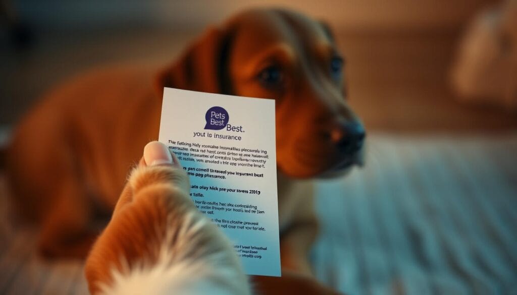 A close-up photograph showcasing a dog's paw holding a set of insurance documents, with a calm and reassuring atmosphere. The paw is positioned in the foreground, offering a sense of protection and care. In the middle ground, a well-designed insurance card or brochure is prominently displayed, highlighting key details about the "Pets Best" insurance plan. The background features a soft, blurred out scene, potentially with a warm, natural lighting that creates a comforting and trustworthy ambiance. The overall composition conveys the message of comprehensive coverage and peace of mind for dog owners. A close-up photograph showcasing a dog's paw holding a set of insurance documents, with a calm and reassuring atmosphere. The paw is positioned in the foreground, offering a sense of protection and care. In the middle ground, a well-designed insurance card or brochure is prominently displayed, highlighting key details about the "Pets Best" insurance plan. The background features a soft, blurred out scene, potentially with a warm, natural lighting that creates a comforting and trustworthy ambiance. The overall composition conveys the message of comprehensive coverage and peace of mind for dog owners.