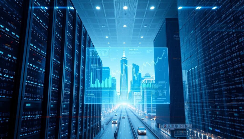 A colossal data center stands in the foreground, its sleek, futuristic architecture bathed in a cool, blue-tinged light. Clusters of servers hum with AI-powered algorithms, processing vast troves of financial data. In the middle ground, a holographic display projects intricate trading graphs and models, their patterns shifting and evolving in real-time. In the background, a cityscape of gleaming skyscrapers and bustling streets, symbolizing the dynamic, ever-changing world of modern finance. The overall scene conveys the pivotal role of machine learning in shaping the future of trading, where intelligent systems leverage data to drive strategic decision-making and navigate the complexities of the global markets. A colossal data center stands in the foreground, its sleek, futuristic architecture bathed in a cool, blue-tinged light. Clusters of servers hum with AI-powered algorithms, processing vast troves of financial data. In the middle ground, a holographic display projects intricate trading graphs and models, their patterns shifting and evolving in real-time. In the background, a cityscape of gleaming skyscrapers and bustling streets, symbolizing the dynamic, ever-changing world of modern finance. The overall scene conveys the pivotal role of machine learning in shaping the future of trading, where intelligent systems leverage data to drive strategic decision-making and navigate the complexities of the global markets.