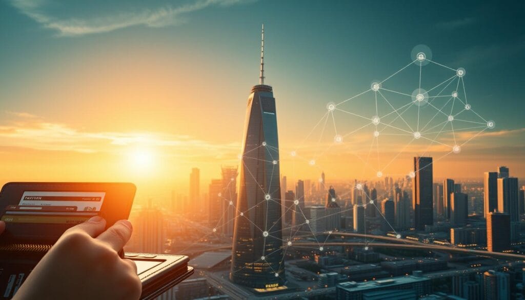 A comparative depiction of leading blockchain payment platforms, captured through a cinematic lens. In the foreground, digital wallets, transaction flows, and payment gateways come into sharp focus, illuminated by a warm, golden light. The middle ground features a dynamic visualization of blockchain networks, nodes, and cryptographic protocols interlinking seamlessly. In the background, a cityscape of futuristic skyscrapers and gleaming infrastructure symbolizes the real-world applications of these innovative payment solutions. The overall atmosphere conveys a sense of technological sophistication, financial security, and global connectivity. A comparative depiction of leading blockchain payment platforms, captured through a cinematic lens. In the foreground, digital wallets, transaction flows, and payment gateways come into sharp focus, illuminated by a warm, golden light. The middle ground features a dynamic visualization of blockchain networks, nodes, and cryptographic protocols interlinking seamlessly. In the background, a cityscape of futuristic skyscrapers and gleaming infrastructure symbolizes the real-world applications of these innovative payment solutions. The overall atmosphere conveys a sense of technological sophistication, financial security, and global connectivity.