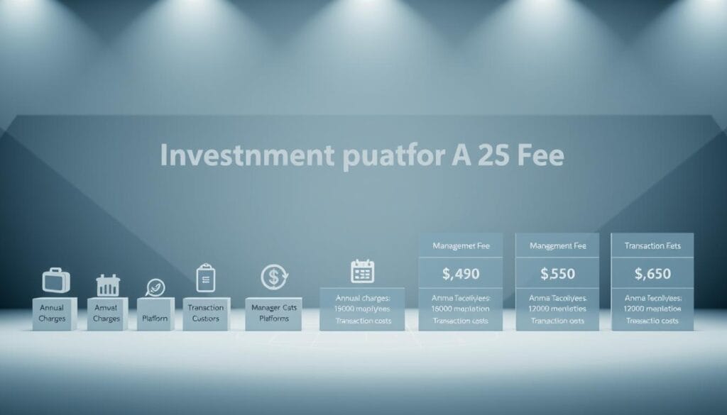 A comparative visualization of investment platform fees, showcased against a sleek, modern backdrop. In the foreground, a series of minimalist icons representing different investment platforms, each accompanied by their respective fee structures - annual charges, management fees, and transaction costs - displayed in a clean, infographic-style layout. The middle ground features a subtle grid or graph, providing a visual framework for the fee comparisons. The background imparts a sense of sophistication with muted tones, clean lines, and abstract geometric patterns, evoking a tech-savvy, financial atmosphere. Lighting is soft and directional, emphasizing the clarity and precision of the data presentation. The overall tone is informative, data-driven, and visually appealing, designed to engage the viewer and facilitate an easy understanding of the costs associated with AI-powered investment platforms.