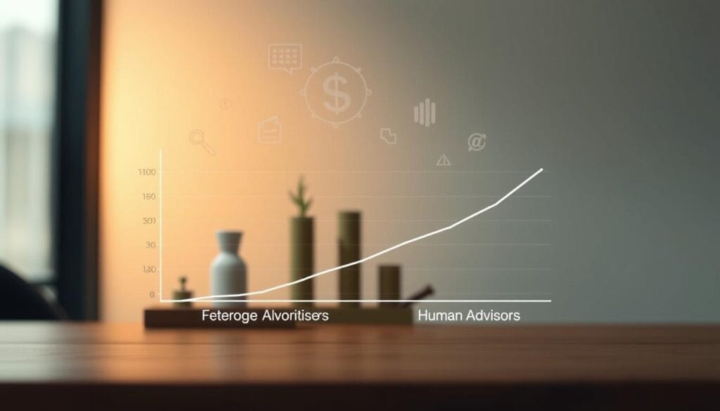 A comparison of investment portfolio management fees, showcased through a sleek and modern data visualization. In the foreground, a stylized graph depicts the cost differences between robo-advisors and human financial advisors, using clean lines, shapes, and a minimalist color palette. The middle ground features abstract financial symbols and icons, hinting at the complex algorithms and human expertise behind portfolio management. The background is a soft, blurred gradient, creating a sense of depth and emphasizing the focal point of the data visualization. Subtle lighting from the left casts a warm glow, lending an air of professionalism and authority to the scene. The overall composition is well-balanced, guiding the viewer's eye through the key points of the cost comparison.