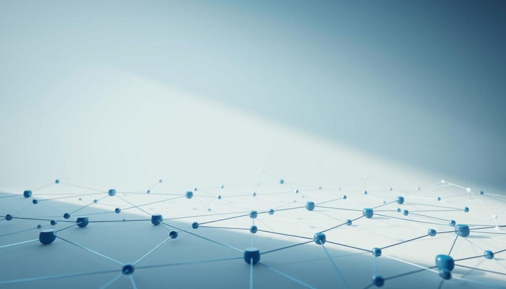 A complex blockchain network representing regulatory compliance, with a clean, minimalist aesthetic. In the foreground, a series of interconnected nodes and transaction pathways, rendered in shades of blue and gray, suggesting the secure and orderly flow of digital information. In the middle ground, abstract geometric shapes and patterns symbolize the intricate web of rules, regulations, and protocols that govern the system. The background features a subtle gradient, creating a sense of depth and emphasizing the solidity and reliability of the blockchain infrastructure. Soft lighting from an overhead source casts gentle shadows, lending an air of professionalism and authority to the scene. The overall impression is one of a robust, trustworthy system designed to navigate the legal and regulatory landscape of the financial industry.