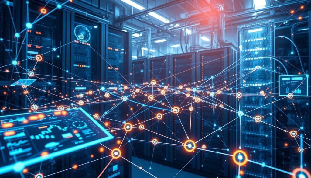 A complex blockchain network with intricate connections, glowing nodes, and dynamic data visualizations. The scene is bathed in a cool, futuristic light, creating a sense of technological advancement and innovation. In the foreground, holographic interfaces display real-time analytics and insights, while in the background, towering server racks and interconnected cables suggest the powerful infrastructure supporting the blockchain ecosystem. The overall composition conveys the rapid evolution and growing sophistication of blockchain technology, hinting at the transformative potential it holds for the future of finance and beyond.