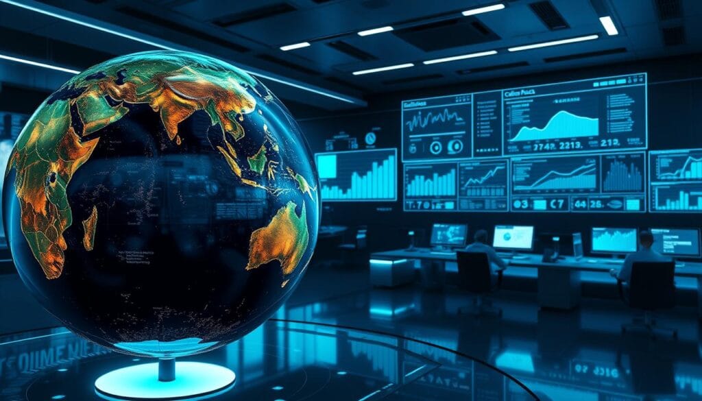 A complex data visualization depicting climate risk modeling. In the foreground, a detailed 3D globe rotates, overlaid with dynamic heat maps, weather patterns, and geospatial data. In the middle ground, statistical graphs, charts, and predictive models are displayed on floating holographic screens, illuminated by a cool, blue-tinted lighting. The background features a sleek, minimalist control room, with large display panels and a team of analysts intently studying the data. The scene conveys a sense of technological sophistication, scientific rigor, and the critical importance of understanding and mitigating climate-related risks. A complex data visualization depicting climate risk modeling. In the foreground, a detailed 3D globe rotates, overlaid with dynamic heat maps, weather patterns, and geospatial data. In the middle ground, statistical graphs, charts, and predictive models are displayed on floating holographic screens, illuminated by a cool, blue-tinted lighting. The background features a sleek, minimalist control room, with large display panels and a team of analysts intently studying the data. The scene conveys a sense of technological sophistication, scientific rigor, and the critical importance of understanding and mitigating climate-related risks.