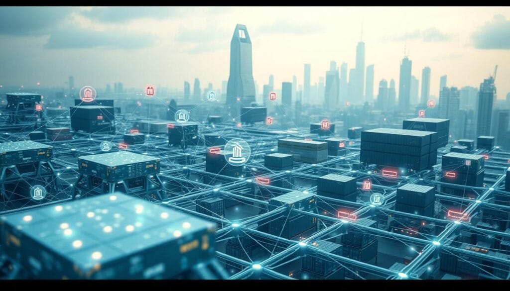 A complex decentralized ledger system visualized as a three-dimensional network of interconnected nodes and data flows. The foreground depicts intricate blockchain blocks, each with distinct cryptographic patterns, seamlessly interlocked. In the middle ground, digital supply chain assets like shipping containers, trucks, and warehouses are represented as holographic icons, linked by pulsing data streams. The background features a futuristic cityscape with towering skyscrapers, all powered by the decentralized ledger infrastructure. Soft, diffused lighting casts an ethereal glow, emphasizing the technological sophistication and transparency of this advanced supply chain finance ecosystem. A complex decentralized ledger system visualized as a three-dimensional network of interconnected nodes and data flows. The foreground depicts intricate blockchain blocks, each with distinct cryptographic patterns, seamlessly interlocked. In the middle ground, digital supply chain assets like shipping containers, trucks, and warehouses are represented as holographic icons, linked by pulsing data streams. The background features a futuristic cityscape with towering skyscrapers, all powered by the decentralized ledger infrastructure. Soft, diffused lighting casts an ethereal glow, emphasizing the technological sophistication and transparency of this advanced supply chain finance ecosystem.