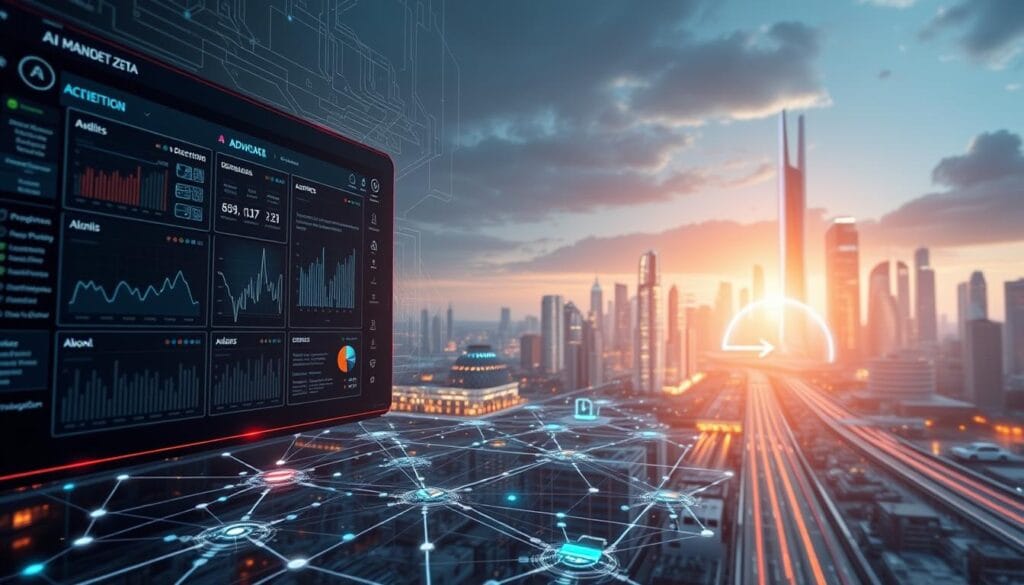 A complex digital landscape of AI-powered fraud detection systems. In the foreground, a sleek and intuitive interface with advanced analytics dashboards, anomaly detection algorithms, and real-time transaction monitoring. The middle ground features a network of interconnected nodes, representing the flow of financial data, secured by cutting-edge encryption and authentication protocols. In the background, a futuristic cityscape with gleaming skyscrapers and autonomous vehicles, symbolizing the integration of AI-driven fraud protection into the fabric of the modern economy. Lighting is crisp and evocative, with a sense of technological sophistication and precision. The overall mood conveys a sense of security, efficiency, and the transformative power of AI in safeguarding financial systems.