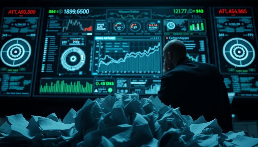 A complex financial dashboard hovers before a thoughtful executive, data streams flowing in shimmering holographic displays. In the foreground, a pile of crumpled paper documents symbolizes the challenges of integrating AI into legacy financial systems. Dim lighting casts dramatic shadows, creating an atmosphere of contemplation and uncertainty. The scene is captured through a wide-angle lens, emphasizing the scale of the technological transformation required. Muted tones of gray, blue, and chrome convey the serious, high-stakes nature of implementing AI for mission-critical financial goals.