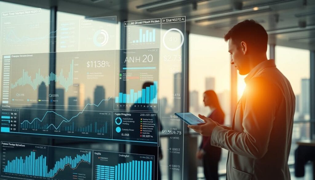 A complex financial dashboard hovers in the foreground, displaying real-time data and AI-driven insights. In the middle ground, a team of analysts in a modern office collaborates, using touchscreens and holographic projections to make strategic decisions. The background features a city skyline, symbolizing the far-reaching impact of AI-powered financial management for small businesses. The scene is illuminated by a warm, natural lighting, creating a sense of professionalism and innovation. A complex financial dashboard hovers in the foreground, displaying real-time data and AI-driven insights. In the middle ground, a team of analysts in a modern office collaborates, using touchscreens and holographic projections to make strategic decisions. The background features a city skyline, symbolizing the far-reaching impact of AI-powered financial management for small businesses. The scene is illuminated by a warm, natural lighting, creating a sense of professionalism and innovation.