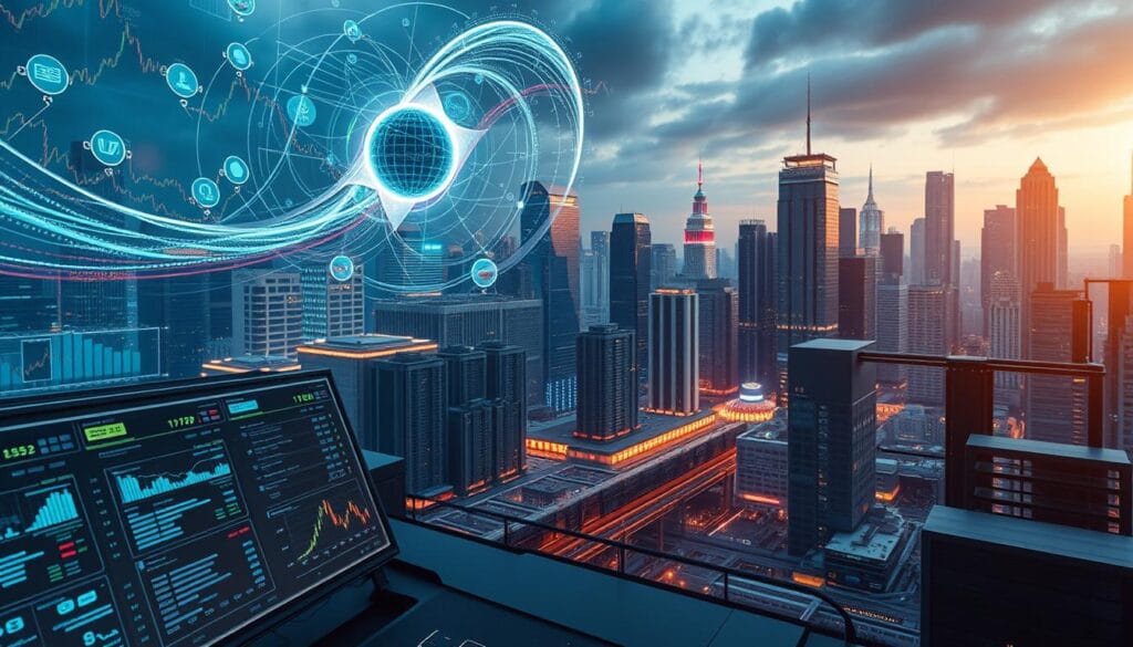 A complex financial landscape, where the quantum and classical worlds converge. In the foreground, a sleek, futuristic trading terminal displays intricate algorithms and quantum-inspired optimizations. Swirling data streams and holographic visualizations hover above, offering insights into portfolio dynamics. In the middle ground, a network of interconnected servers and quantum processors hum with activity, powering the hybrid systems. The background is a cityscape of towering skyscrapers, their facades reflecting the interplay of light and technology. The scene is illuminated by a warm, ambient glow, conveying a sense of innovation and progress transforming the financial industry. A complex financial landscape, where the quantum and classical worlds converge. In the foreground, a sleek, futuristic trading terminal displays intricate algorithms and quantum-inspired optimizations. Swirling data streams and holographic visualizations hover above, offering insights into portfolio dynamics. In the middle ground, a network of interconnected servers and quantum processors hum with activity, powering the hybrid systems. The background is a cityscape of towering skyscrapers, their facades reflecting the interplay of light and technology. The scene is illuminated by a warm, ambient glow, conveying a sense of innovation and progress transforming the financial industry.