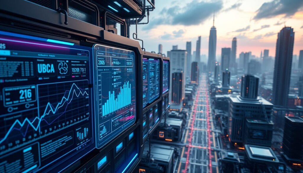 A complex, futuristic financial landscape with sleek, state-of-the-art systems and technologies. In the foreground, a holographic dashboard displays real-time data analytics and personalized financial insights. In the middle ground, a network of interconnected servers and processors hum with activity, their blue and violet lights casting an ethereal glow. In the background, a cityscape of towering skyscrapers and gleaming, high-tech infrastructure stretches out, symbolizing the scale and sophistication of the 2025 financial ecosystem. Cinematic lighting and a dynamic camera angle convey a sense of awe and excitement, reflecting the transformative power of AI-driven personal finance management. A complex, futuristic financial landscape with sleek, state-of-the-art systems and technologies. In the foreground, a holographic dashboard displays real-time data analytics and personalized financial insights. In the middle ground, a network of interconnected servers and processors hum with activity, their blue and violet lights casting an ethereal glow. In the background, a cityscape of towering skyscrapers and gleaming, high-tech infrastructure stretches out, symbolizing the scale and sophistication of the 2025 financial ecosystem. Cinematic lighting and a dynamic camera angle convey a sense of awe and excitement, reflecting the transformative power of AI-driven personal finance management.