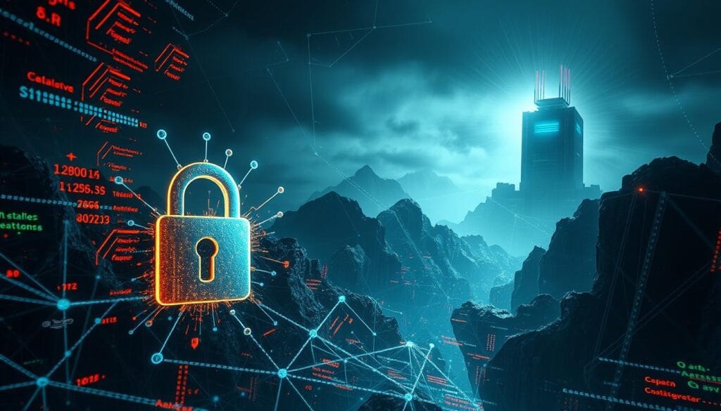 A complex, layered digital landscape depicting the vulnerabilities in modern cryptographic systems. In the foreground, a fragmented lock icon symbolizes the fragility of encryption, surrounded by a web of glitching data streams and corrupted digital signatures. The midground features twisted, distorted geometric shapes representing the mathematical weaknesses exploited by quantum computing algorithms. In the distant background, a towering quantum processor casts an ominous shadow, hinting at the impending threat to current cryptographic standards. Dramatic lighting creates a sense of tension and unease, with harsh shadows and glowing, electromagnetic energy fields permeating the scene. The overall mood evokes a sense of digital insecurity and the urgent need to address cryptographic vulnerabilities in the face of quantum computing advancements. A complex, layered digital landscape depicting the vulnerabilities in modern cryptographic systems. In the foreground, a fragmented lock icon symbolizes the fragility of encryption, surrounded by a web of glitching data streams and corrupted digital signatures. The midground features twisted, distorted geometric shapes representing the mathematical weaknesses exploited by quantum computing algorithms. In the distant background, a towering quantum processor casts an ominous shadow, hinting at the impending threat to current cryptographic standards. Dramatic lighting creates a sense of tension and unease, with harsh shadows and glowing, electromagnetic energy fields permeating the scene. The overall mood evokes a sense of digital insecurity and the urgent need to address cryptographic vulnerabilities in the face of quantum computing advancements.