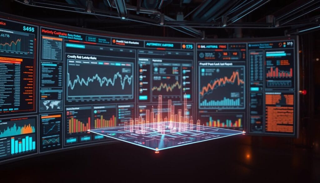 A complex network of interconnected data streams, algorithms, and visualization panels illuminates an expansive dashboard. Automated risk analysis tools analyze credit history, income patterns, and market trends with precision, forecasting potential loan scenarios. Sleek metal frames and tempered glass encasements lend an air of technological sophistication, while subtle lighting casts an introspective glow across the scene. In the foreground, a holographic display projects risk metrics and probability models, inviting the viewer to delve into the intricacies of AI-driven credit assessment. The overall atmosphere conveys a sense of power, innovation, and data-driven decision making. A complex network of interconnected data streams, algorithms, and visualization panels illuminates an expansive dashboard. Automated risk analysis tools analyze credit history, income patterns, and market trends with precision, forecasting potential loan scenarios. Sleek metal frames and tempered glass encasements lend an air of technological sophistication, while subtle lighting casts an introspective glow across the scene. In the foreground, a holographic display projects risk metrics and probability models, inviting the viewer to delve into the intricacies of AI-driven credit assessment. The overall atmosphere conveys a sense of power, innovation, and data-driven decision making.