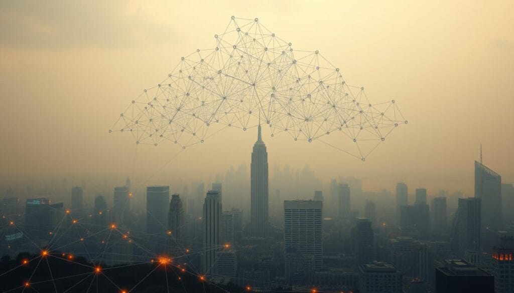 A complex wireframe structure representing a regulatory system, with intricate interconnected lines and nodes, casts an ominous shadow over a landscape of transactions. The foreground depicts various financial symbols and icons - currency, graphs, and digital ledgers - all obscured by the looming regulatory framework. The middle ground features a cityscape of skyscrapers, representing the modern financial landscape, while the background is shrouded in a hazy, uncertain atmosphere, suggesting the unpredictable nature of future regulatory changes and their impact on the cryptocurrency ecosystem.