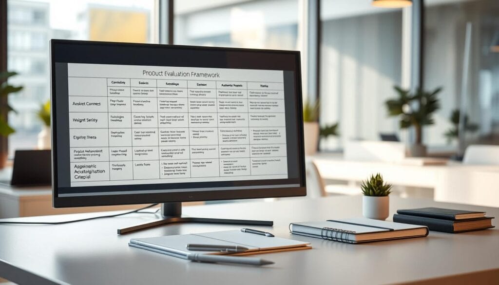 A comprehensive product evaluation framework displayed on a sleek, minimalist desktop setup. In the foreground, a large monitor showcases a structured grid layout with various assessment criteria labeled in a professional sans-serif font. The middle ground features an organized array of stationery items, including a silver-toned pen, a notebook, and a subtle desk plant, all bathed in warm, natural lighting from a large window. The background is a serene, blurred office environment, with a sense of focus and productivity permeating the scene. A comprehensive product evaluation framework displayed on a sleek, minimalist desktop setup. In the foreground, a large monitor showcases a structured grid layout with various assessment criteria labeled in a professional sans-serif font. The middle ground features an organized array of stationery items, including a silver-toned pen, a notebook, and a subtle desk plant, all bathed in warm, natural lighting from a large window. The background is a serene, blurred office environment, with a sense of focus and productivity permeating the scene.