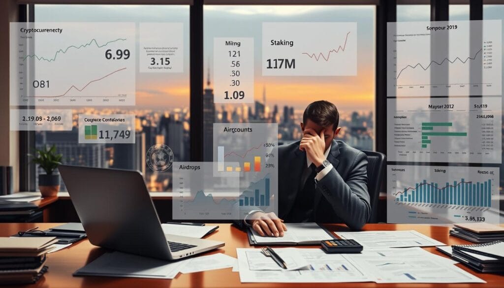 A comprehensive scene depicting the various cryptocurrency taxable events. Set in a well-lit office environment, featuring a desk with a laptop, documents, and a calculator. In the foreground, a person in formal attire sits thoughtfully, surrounded by financial charts, graphs, and reports illustrating different cryptocurrency transactions such as trades, mining, staking, and airdrops. In the background, a window provides a view of a bustling city skyline, conveying the broader financial and regulatory landscape. The lighting is warm and focused, creating a sense of contemplation and attention to detail. The composition emphasizes the complexities of navigating cryptocurrency taxation, with the overall mood being one of careful consideration and professionalism.