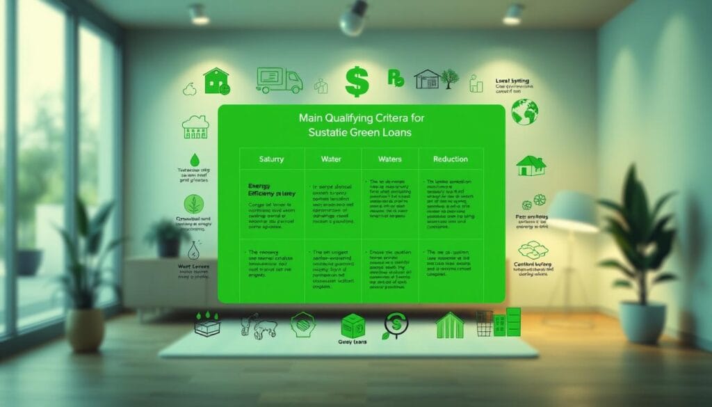 A contemporary green-tinted infographic displaying the main qualifying criteria for sustainable green loans, with a clean, minimalist aesthetic. The central information is presented in a structured grid layout, highlighting key factors such as energy efficiency, renewable energy usage, water conservation, and waste reduction. Surrounding the grid are supporting icons and illustrations in shades of green, conveying the environmental focus. The overall composition has a calm, professional tone, using soft lighting and a slightly blurred background to direct attention to the essential details. The image aims to provide a clear, informative visualization of the green loan qualification process.
