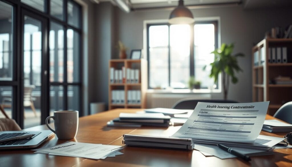 A contemporary office interior with natural lighting streaming through large windows. In the foreground, a desk with a laptop, coffee mug, and scattered papers representing an independent contractor's workspace. On the desk, a health insurance document is prominently displayed. In the middle ground, a bookshelf with medical reference books and folders, hinting at the independent contractor's need to research health coverage options. The background features a potted plant and minimalist decor, conveying a sense of professionalism and wellness. The overall scene suggests the evolving health insurance requirements for gig workers in a modern, technology-driven work environment. A contemporary office interior with natural lighting streaming through large windows. In the foreground, a desk with a laptop, coffee mug, and scattered papers representing an independent contractor's workspace. On the desk, a health insurance document is prominently displayed. In the middle ground, a bookshelf with medical reference books and folders, hinting at the independent contractor's need to research health coverage options. The background features a potted plant and minimalist decor, conveying a sense of professionalism and wellness. The overall scene suggests the evolving health insurance requirements for gig workers in a modern, technology-driven work environment.